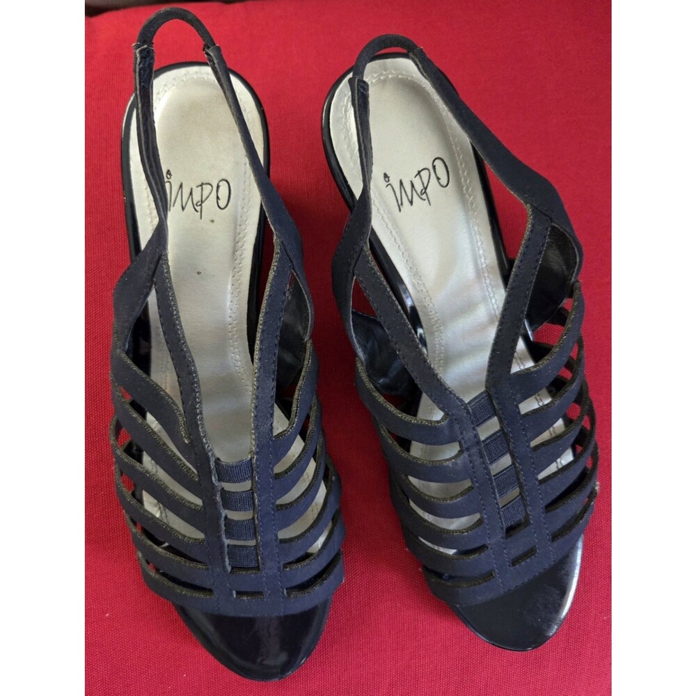 Impo Navy Fabric Stretch Strappy Open-Toe Sling Back Heel, Size 7M 3" Heel